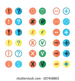 Set of different vector check marks question exclamation icon plus minus button pictogram conceptual of voting acceptance or rejection positive negative yes no add remove or menu panel in flat style