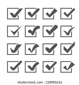 Set of different vector check marks or ticks in boxes. Confirmation acceptance positive passed voting agreement true or completion of tasks on a list.