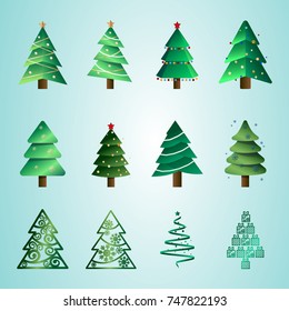 Set of a different vector Christmas trees on a light background