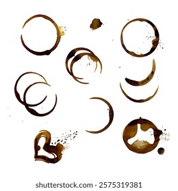 Set of different vector coffee spots, coffee cup rings, splatters, blots. Isolated on white background