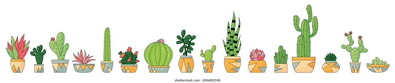 Set of different vector colorful succulent and cacti desert plants in plant pot, hand drawn style vector illustration isolated on white background. Cactus icon for greeting card and invitations.