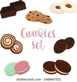 Set of different vector cookies, dessert cartoon style clip-art.