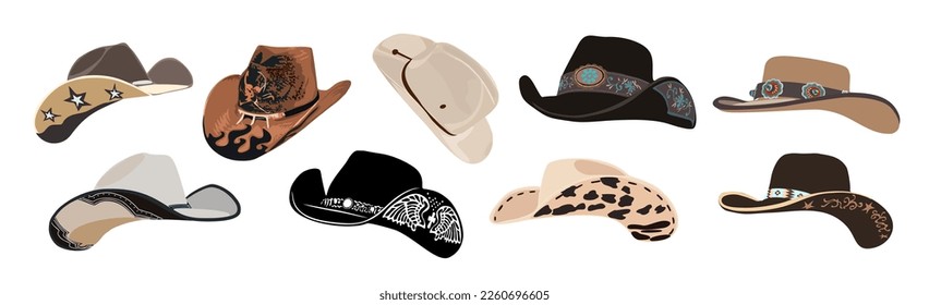 Set of different vector cowboy hats with traditional western decorations. 