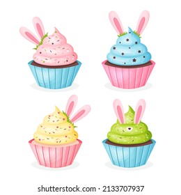 Set of different vector cupcakes for Easter, cupcakes with ears of different colors. Vector illustration