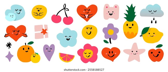 Set of different vector design elements. Collection of hand drawn, organic shapes, fruit and heart elements. Isolated on a white background.