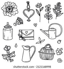 Set of different vector elements such as tiny flowers, berries, key and other on the white background