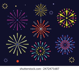 Set of Different vector fireworks bursting in various shapes. Firework explosion in night. Firecracker rockets bursting in big sparkling star balls, explosion bang and abstract burst in night sky.