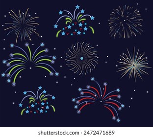 Set of Different vector fireworks bursting in various shapes. Firework explosion in night. Firecracker rockets bursting in big sparkling star balls, explosion bang and abstract burst in night sky.