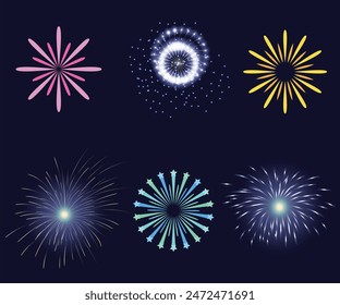 Set of Different vector fireworks bursting in various shapes. Firework explosion in night. Firecracker rockets bursting in big sparkling star balls, explosion bang and abstract burst in night sky.