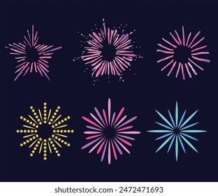 Set of Different vector fireworks bursting in various shapes. Firework explosion in night. Firecracker rockets bursting in big sparkling star balls, explosion bang and abstract burst in night sky.