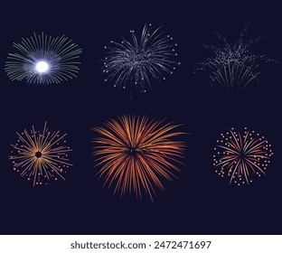 Set of Different vector fireworks bursting in various shapes. Firework explosion in night. Firecracker rockets bursting in big sparkling star balls, explosion bang and abstract burst in night sky.