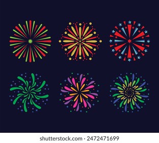 Set of Different vector fireworks bursting in various shapes. Firework explosion in night. Firecracker rockets bursting in big sparkling star balls, explosion bang and abstract burst in night sky.