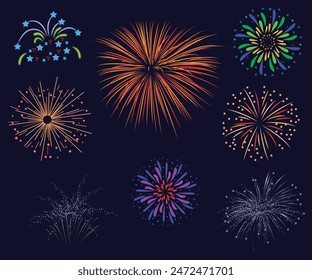 Set of Different vector fireworks bursting in various shapes. Firework explosion in night. Firecracker rockets bursting in big sparkling star balls, explosion bang and abstract burst in night sky.