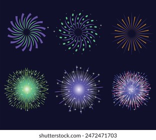 Set of Different vector fireworks bursting in various shapes. Firework explosion in night. Firecracker rockets bursting in big sparkling star balls, explosion bang and abstract burst in night sky.