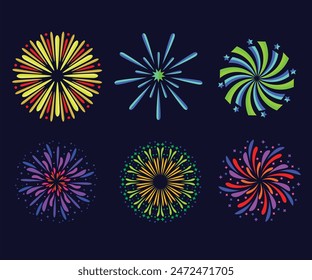 Set of Different vector fireworks bursting in various shapes. Firework explosion in night. Firecracker rockets bursting in big sparkling star balls, explosion bang and abstract burst in night sky.