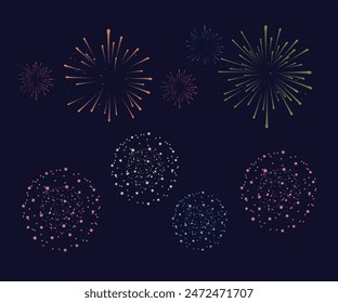 Set of Different vector fireworks bursting in various shapes. Firework explosion in night. Firecracker rockets bursting in big sparkling star balls, explosion bang and abstract burst in night sky.