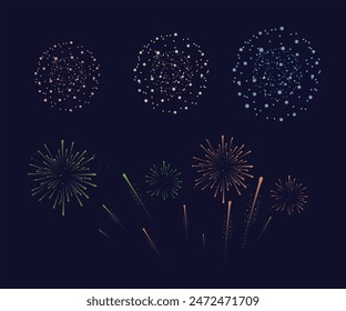 Set of Different vector fireworks bursting in various shapes. Firework explosion in night. Firecracker rockets bursting in big sparkling star balls, explosion bang and abstract burst in night sky.