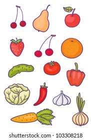 Set of different vector fruits and vegetables isolated on white