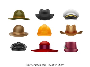 Set of Different Vector Hats and Headwear Icons Isolated on White Background