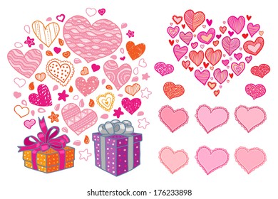 Set of different vector hearts + two gift boxes