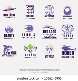 set of different vector icons, sport illustration, technology. Logo design, recreation and development, technology and medicine. Education and travel