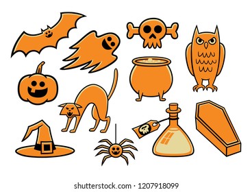 Set of different vector icons, in children´s style, for Halloween composed by a bat, a ghost, a pumpkin, a cat, a witch hat, a skull, a magic cauldron, a spider, a flask of poison, a owl and a coffin.