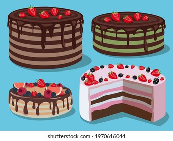 Set of different vector illustration cakes. Sweets. Festive puff cakes
