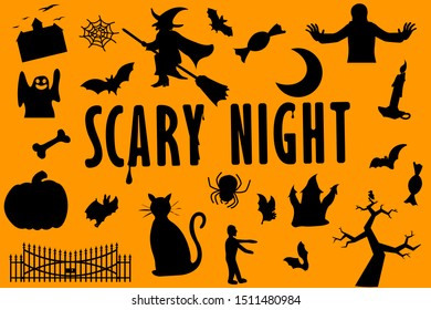 Set of different vector illustration silhouette for halloween. Icon of mummy, pumpkin, witch, ghost, zombie, bats, vampire, tomb and more cartoons