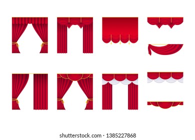 Set of different vector illustrations of drapery red realistic curtains with gold decorative elements isolated on the white background.