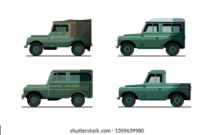 
set of different vector illustrations of old classic cars suv off road vehicles all-terrain vehicles side view