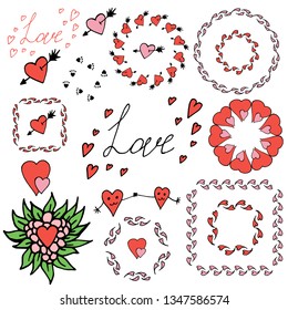 Set of different vector images with hearts. Round frames, square frames and different elements on the theme of love on white background.
