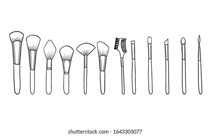 Set of different vector linear brushes. Clean professional make-up concealer powder blush eyeshadow brush with black handles isolated on a white background in doodle style.