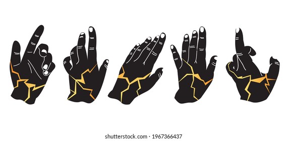 Set of different vector marble gold human hand patterns. Hand-drawn illustration of kintsugi. The concept of restoration. Stylish element of your design, print T-shirt, decor. All objects are isolated