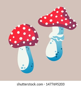 Set of the different vector mushrooms isolated on green background. Toadstool or amonita, poison mushroom
