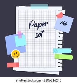 Set of different vector note papers. Vector torn paper pieces, blank squared and lined notepad pages pieces and design elements for attaching paper: pins, scotch tape and paper clip set, isolated, vec