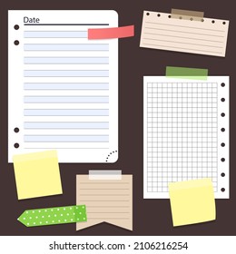 Set of different vector note papers. Vector torn paper pieces, blank squared and lined notepad pages pieces and design elements for attaching paper: pins, scotch tape and paper clip set, isolated, vec