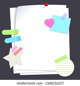 Set of different vector note papers. Vector torn paper pieces, blank squared and lined notepad pages pieces and design elements for attaching paper: pins, scotch tape and paper clip set, isolated, vec