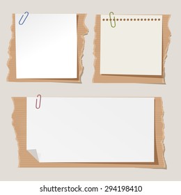 Set of different vector note papers with paper clips on torn cartboard.