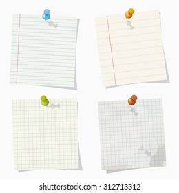 Set of different vector note papers with push pins.