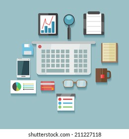 Set of different vector office elements for business on blue background, flat illustration