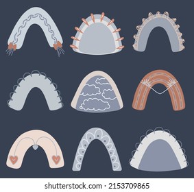 Set of different vector organic rainbows drawn in doodle style.