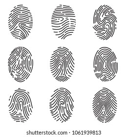 Set of different vector outline fingerprint isolated on white background. Abstract geometric identification authorization symbol.