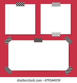Set of different vector paper stickers with scotch tape. Collection of note papers on red background