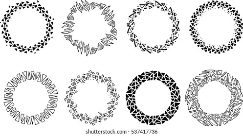 Set of different vector pattern wreaths circles handmade using ink pens. Geometric triangular art of simple forms. Frames for greeting card with place for text. Materials for various types of design. 