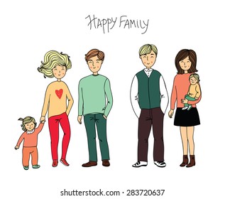 Set of different vector people in a cartoon style. Happy family illustration