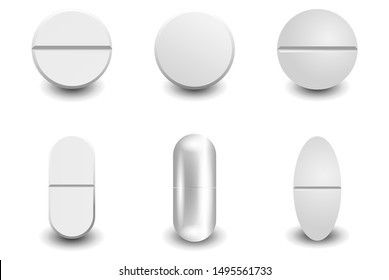 Set different vector realistic white pills isolated on white background