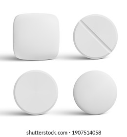 Set of different vector realistic white pills isolated on white background. Collection of oval, round and capsule shaped tablets. Medicine and drugs. Vector illustration