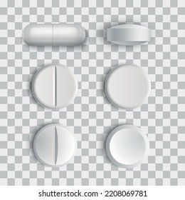 Set of different vector realistic white pills and capsule isolated on transparent background