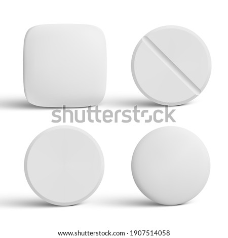 Set of different vector realistic white pills isolated on white background. Collection of oval, round and capsule shaped tablets. Medicine and drugs. Vector illustration