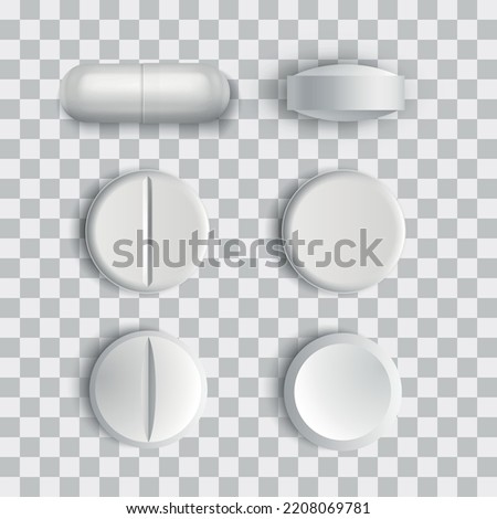 Set of different vector realistic white pills and capsule isolated on transparent background